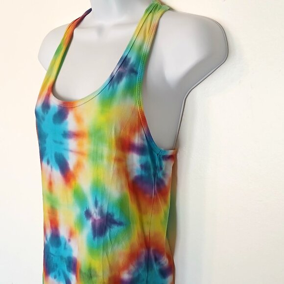 Rainbow Tie Dye Racerback Tank Top With Pretty Colorburst Pattern Women's Small - Picture 1 of 14